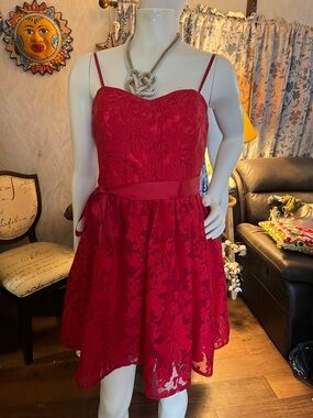 La Scala Red Lace Spaghetti-Strap Mini Dress with Satin Waist Tie